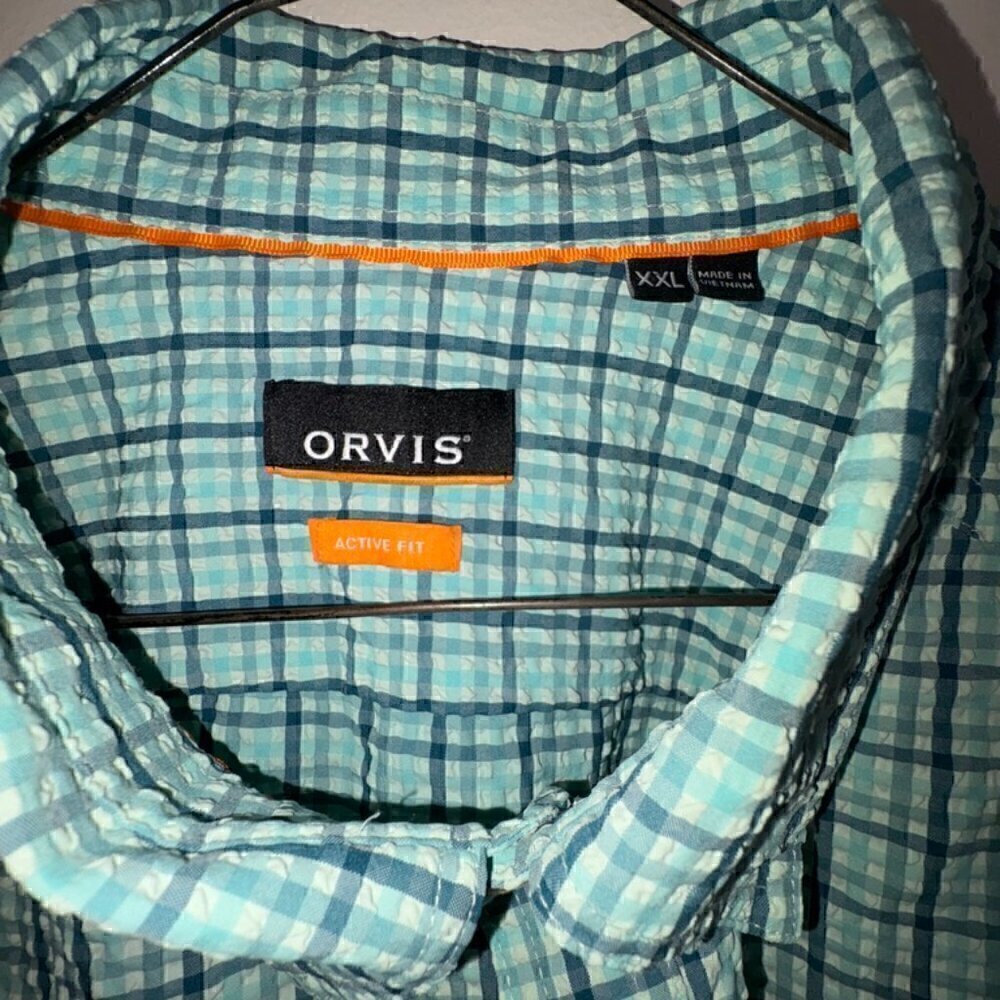 Men's Orvis XXL Plaid Long Sleeve Collar Button Outdoor Shirt Green Blue Gingham